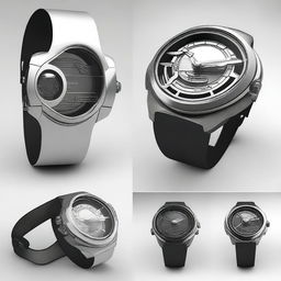 Create a design of a wristwatch with the body shaped like a spaceship