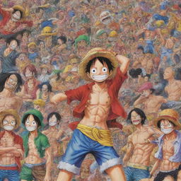 Generate a vibrant, action-packed image showcasing the main characters of the anime 'One Piece'. Include Monkey D. Luffy, Roronoa Zoro, Nami, Usopp, Sanji, Tony Tony Chopper, Nico Robin, Franky, and Brook.