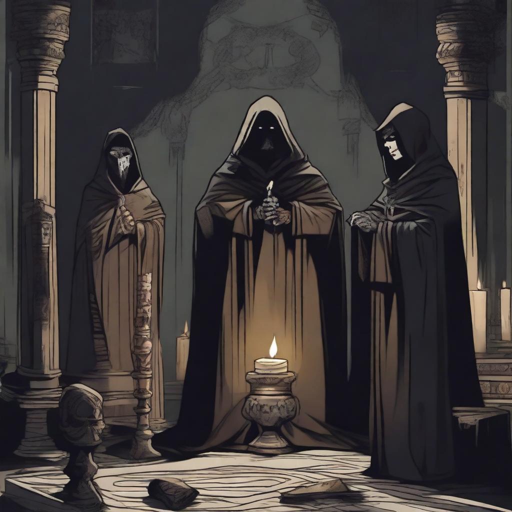 A detailed illustration of a rogue cult in a dark, mysterious setting