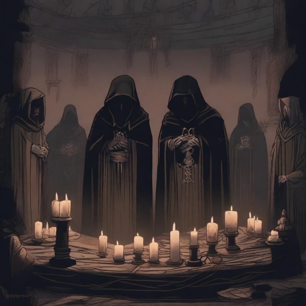 A detailed illustration of a rogue cult in a dark, mysterious setting