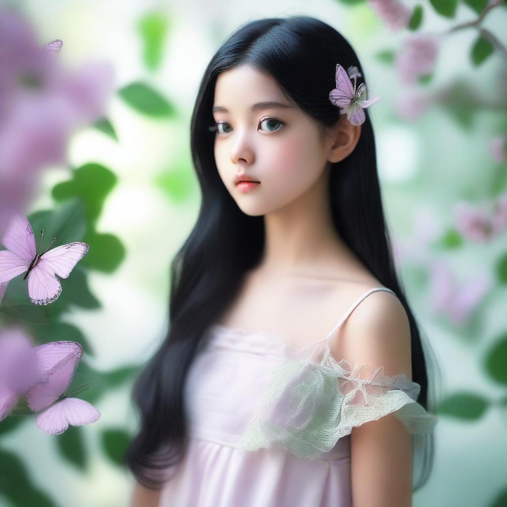 A girl with long black hair, wearing two butterfly clips in pink and green, with pastel lilac eyes and a white dress