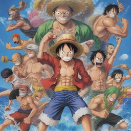 Generate a vibrant, action-packed image showcasing the main characters of the anime 'One Piece'. Include Monkey D. Luffy, Roronoa Zoro, Nami, Usopp, Sanji, Tony Tony Chopper, Nico Robin, Franky, and Brook.