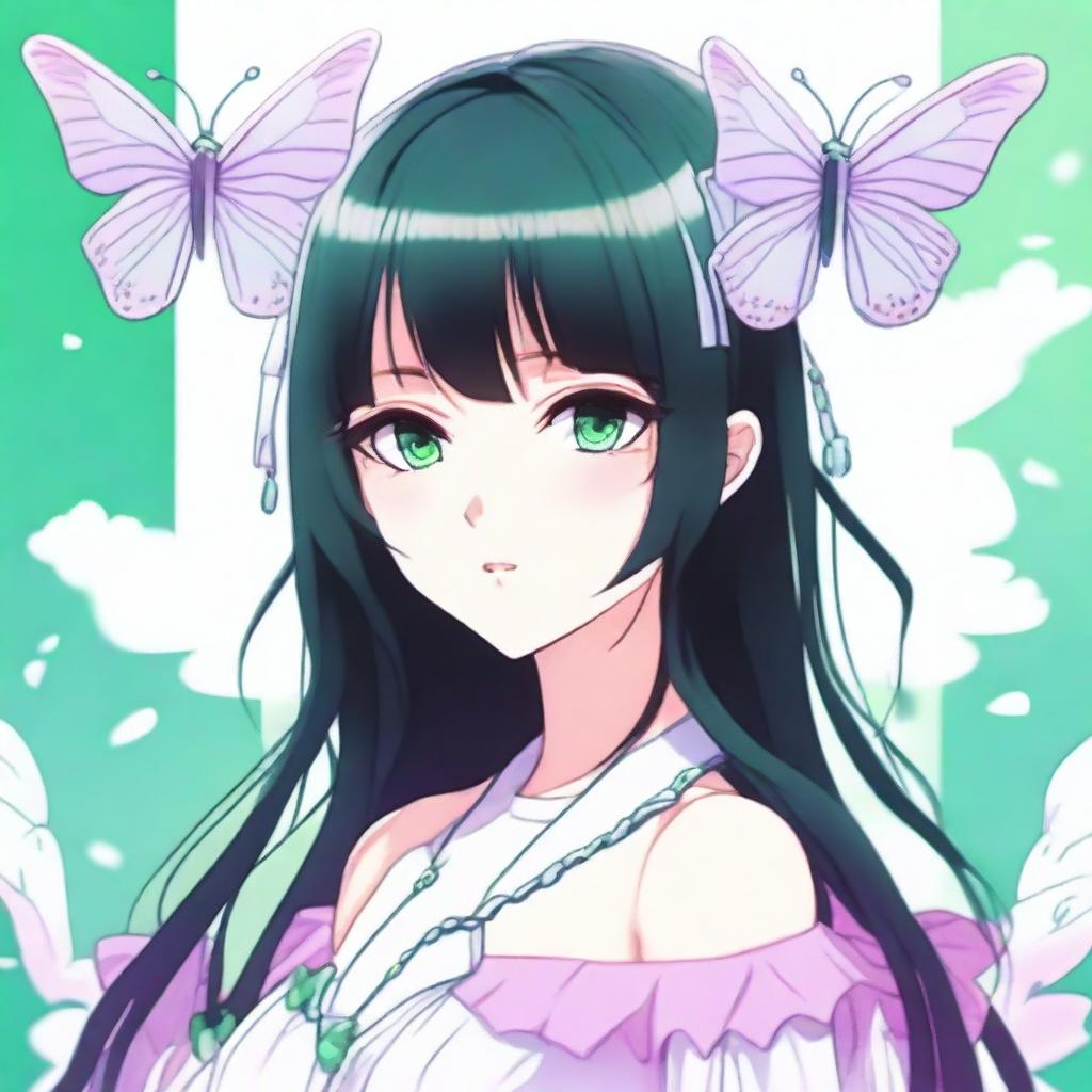 A girl with long black hair, adorned with two butterfly clips in pink and green, and pastel lilac eyes