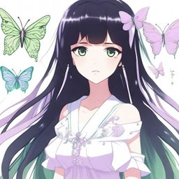 A girl with long black hair, adorned with two butterfly clips in pink and green, and pastel lilac eyes