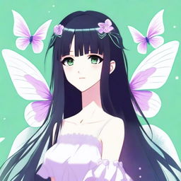 A girl with long black hair, adorned with two butterfly clips in pink and green, and pastel lilac eyes