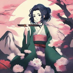 An ancient Japanese style artwork featuring Kanae Kocho from Kimetsu no Yaiba