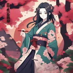 An ancient Japanese style artwork featuring Kanae Kocho from Kimetsu no Yaiba