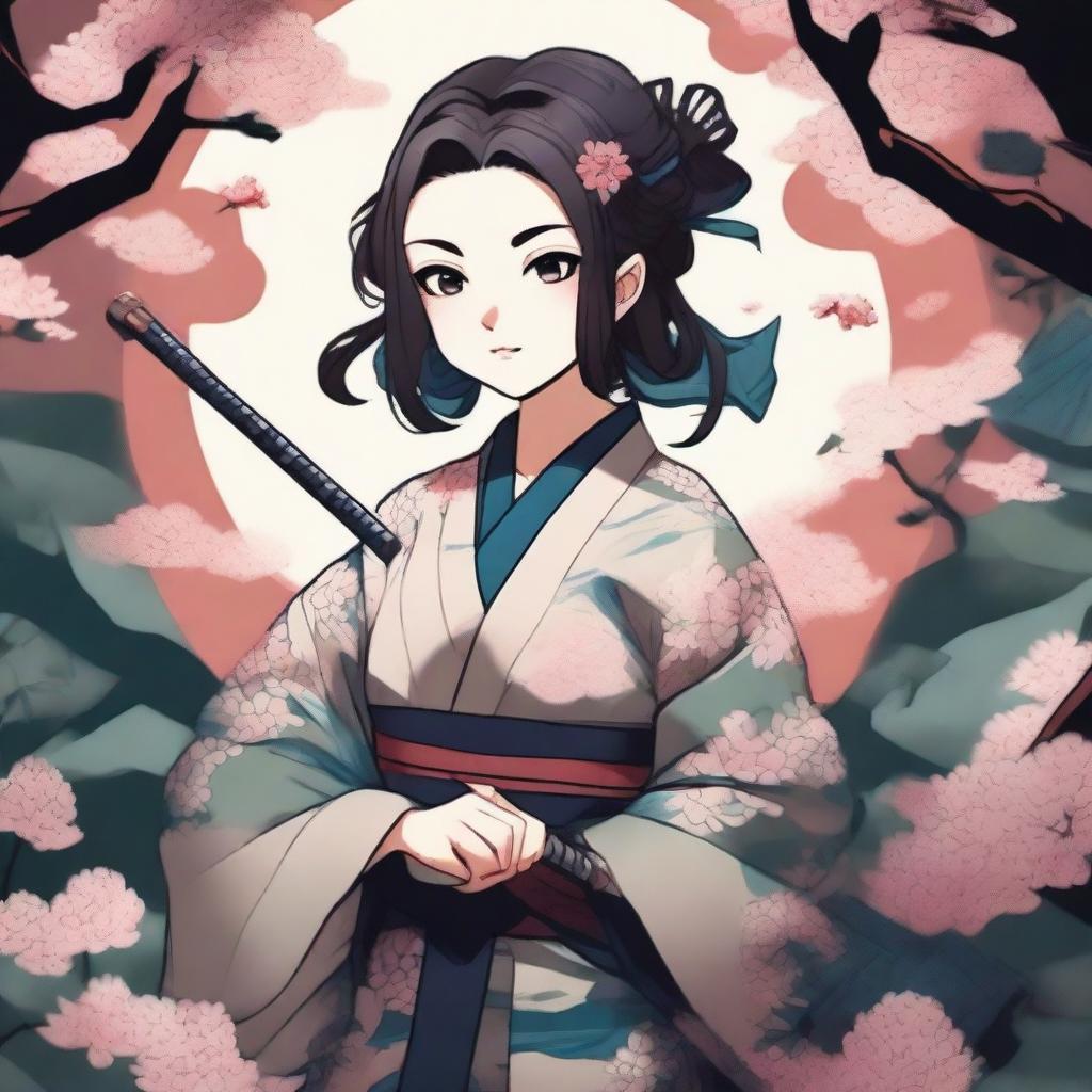 An ancient Japanese style artwork featuring Kanae Kocho from Kimetsu no Yaiba