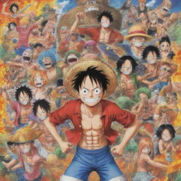 Generate a vibrant, action-packed image showcasing the main characters of the anime 'One Piece'. Include Monkey D. Luffy, Roronoa Zoro, Nami, Usopp, Sanji, Tony Tony Chopper, Nico Robin, Franky, and Brook.