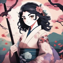 An ancient Japanese style artwork featuring Kanae Kocho from Kimetsu no Yaiba