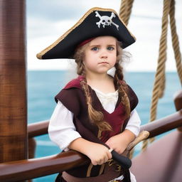 A young girl dressed as a pirate, with a tricorn hat, eye patch, and a toy sword, standing on the deck of a pirate ship with the ocean in the background