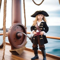 A young girl dressed as a pirate, with a tricorn hat, eye patch, and a toy sword, standing on the deck of a pirate ship with the ocean in the background