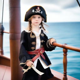 A young girl dressed as a pirate, with a tricorn hat, eye patch, and a toy sword, standing on the deck of a pirate ship with the ocean in the background