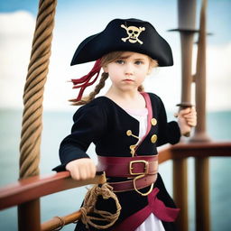 A young girl dressed as a pirate, with a tricorn hat, eye patch, and a toy sword, standing on the deck of a pirate ship with the ocean in the background