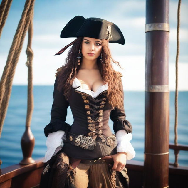 A confident young woman dressed as a pirate, wearing a stylish tricorn hat, a fitted pirate outfit with a corset, and holding a sword