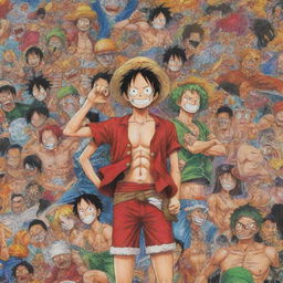 Generate a vibrant, action-packed image showcasing the main characters of the anime 'One Piece'. Include Monkey D. Luffy, Roronoa Zoro, Nami, Usopp, Sanji, Tony Tony Chopper, Nico Robin, Franky, and Brook.