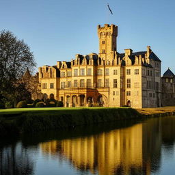 A majestic, medieval castle with hulking stone walls, turrets piercing the sky, surrounded by a serene moat under the pure, shimmering light of the midday sun.