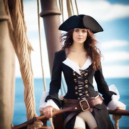 A confident young woman dressed as a pirate, wearing a stylish tricorn hat, a fitted pirate outfit with a corset, and holding a sword