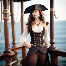 A confident young woman dressed as a pirate, wearing a stylish tricorn hat, a fitted pirate outfit with a corset, and holding a sword