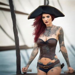 A confident young woman dressed as a pirate, wearing a stylish tricorn hat, a fitted pirate outfit with blue shorts, a corset, and visible tattoos on her arms