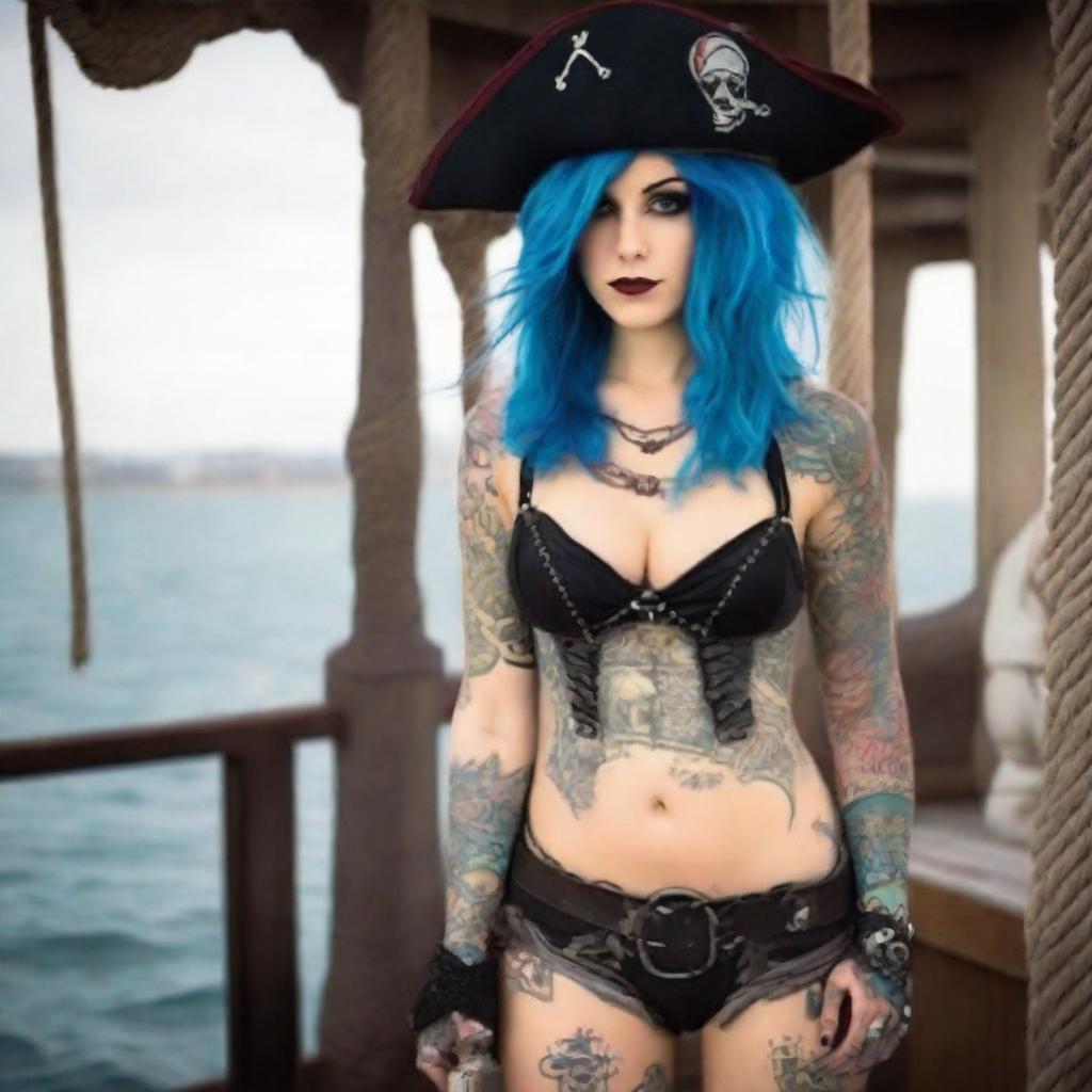 A confident young woman dressed as a pirate, with blue hair and red eyes, wearing a stylish tricorn hat, a fitted pirate outfit with blue shorts, a corset, and visible tattoos on her arms