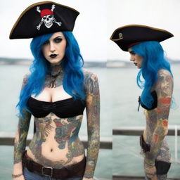 A confident young woman dressed as a pirate, with blue hair and red eyes, wearing a stylish tricorn hat, a fitted pirate outfit with blue shorts, a corset, and visible tattoos on her arms