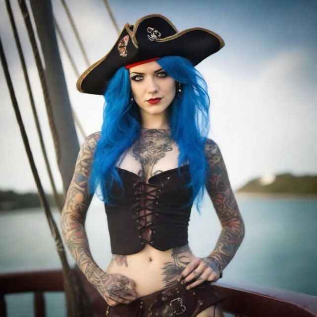 A confident young woman dressed as a pirate, with blue hair and red eyes, wearing a stylish tricorn hat, a fitted pirate outfit with blue shorts, a corset, and visible tattoos on her arms