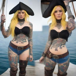 A confident young Norwegian woman dressed as a pirate, with yellow hair and red eyes, wearing a stylish tricorn hat, a fitted pirate outfit with blue shorts, a corset, and visible tattoos on her arms