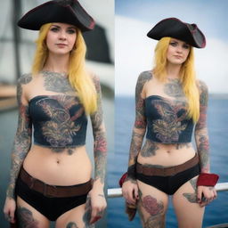 A confident young Norwegian woman dressed as a pirate, with yellow hair and red eyes, wearing a stylish tricorn hat, a fitted pirate outfit with blue shorts, a corset, and visible tattoos on her arms