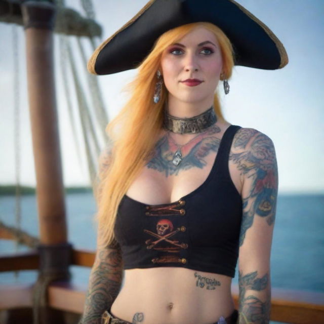 A confident young Norwegian woman dressed as a pirate, with yellow hair and red eyes, wearing a stylish tricorn hat, a fitted pirate outfit with blue shorts, a corset, and visible tattoos on her arms