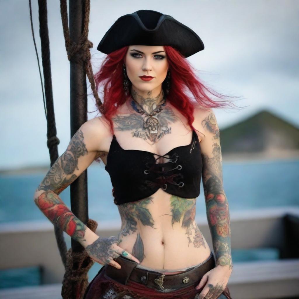 A confident young Norwegian woman dressed as a pirate, with red eyes, wearing a stylish tricorn hat, a fitted pirate outfit with blue shorts, a corset, and visible tattoos on her arms