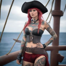 A confident young Norwegian woman dressed as a pirate, with red eyes, wearing a stylish tricorn hat, a fitted pirate outfit with blue shorts, a corset, and visible tattoos on her arms