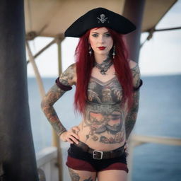 A confident young Norwegian woman dressed as a pirate, with red eyes, wearing a stylish tricorn hat, a fitted pirate outfit with blue shorts, a corset, and visible tattoos on her arms