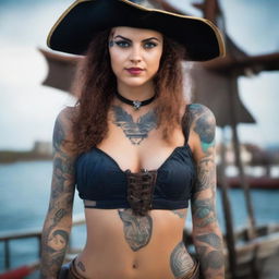 A confident young Brazilian woman dressed as a pirate, wearing a stylish tricorn hat, a fitted pirate outfit with blue shorts, a corset, and visible tattoos on her arms