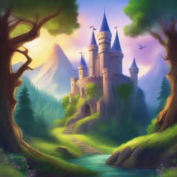 Create a detailed book cover illustration featuring an enchanting fantasy world with a majestic castle, lush forests, and mythical creatures