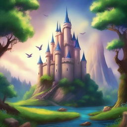 Create a detailed book cover illustration featuring an enchanting fantasy world with a majestic castle, lush forests, and mythical creatures