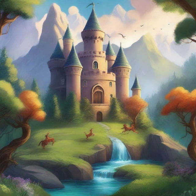 Create a detailed book cover illustration featuring an enchanting fantasy world with a majestic castle, lush forests, and mythical creatures