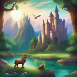 Create a detailed book cover illustration featuring an enchanting fantasy world with a majestic castle, lush forests, and mythical creatures