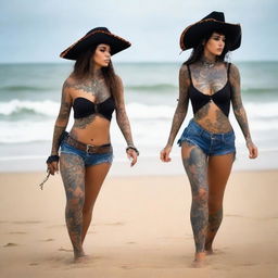 A confident young Brazilian woman dressed as a pirate, wearing a stylish tricorn hat, a fitted pirate outfit with blue shorts, a corset, and visible tattoos on her arms