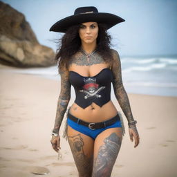 A confident young Brazilian woman dressed as a pirate, wearing a stylish tricorn hat, a fitted pirate outfit with blue shorts, a corset, and visible tattoos on her arms