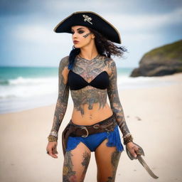 A confident young Brazilian woman dressed as a pirate, wearing a stylish tricorn hat, a fitted pirate outfit with blue shorts, a corset, and visible tattoos on her arms