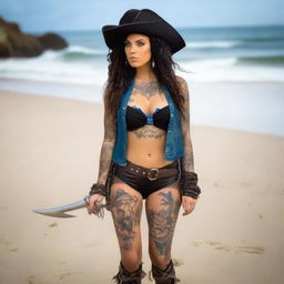 A confident young Brazilian woman dressed as a pirate, wearing a stylish tricorn hat, a fitted pirate outfit with blue shorts, a corset, and visible tattoos on her arms