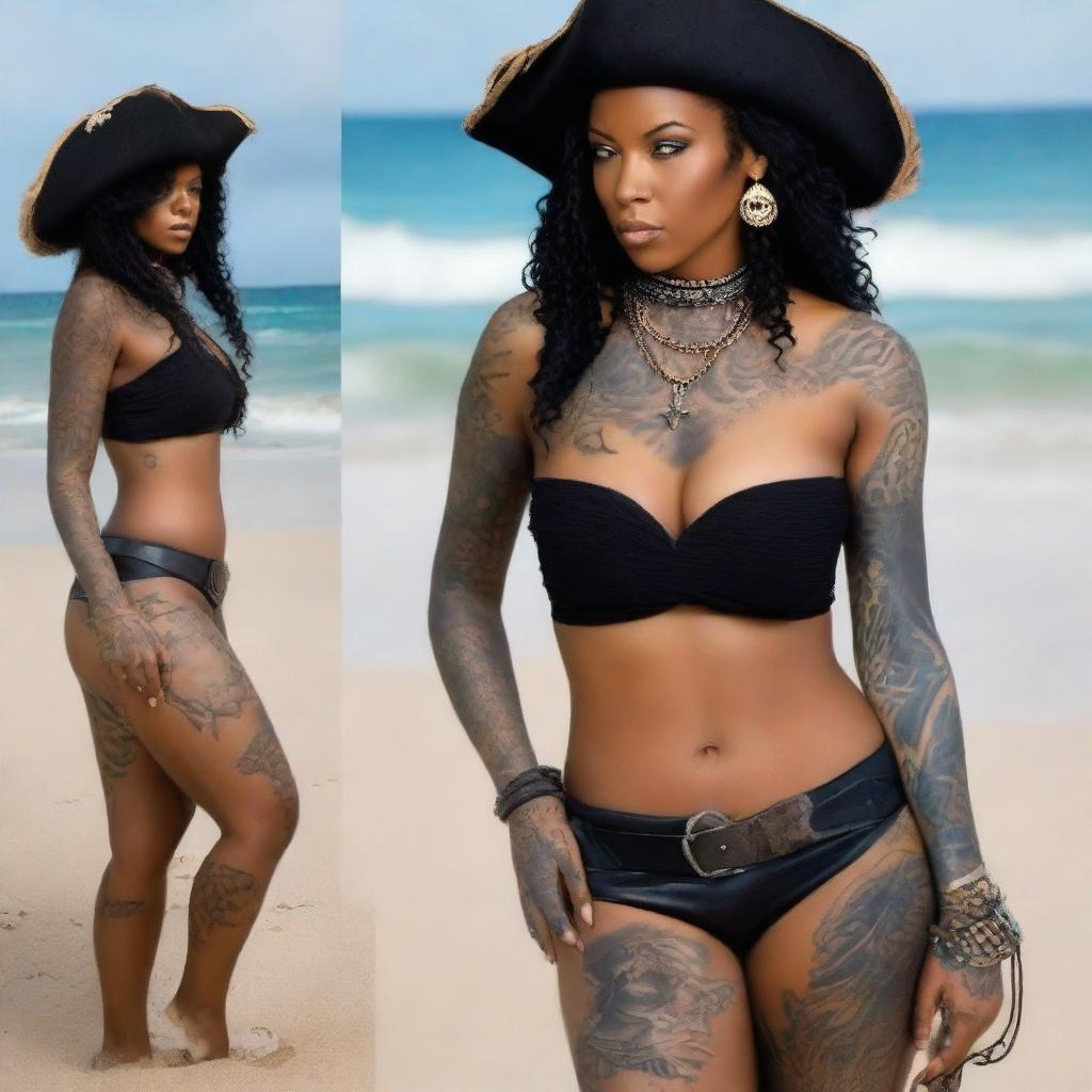 A confident young Caribbean woman dressed as a pirate, wearing a stylish tricorn hat, a fitted pirate outfit with blue shorts, a corset, and visible tattoos on her arms