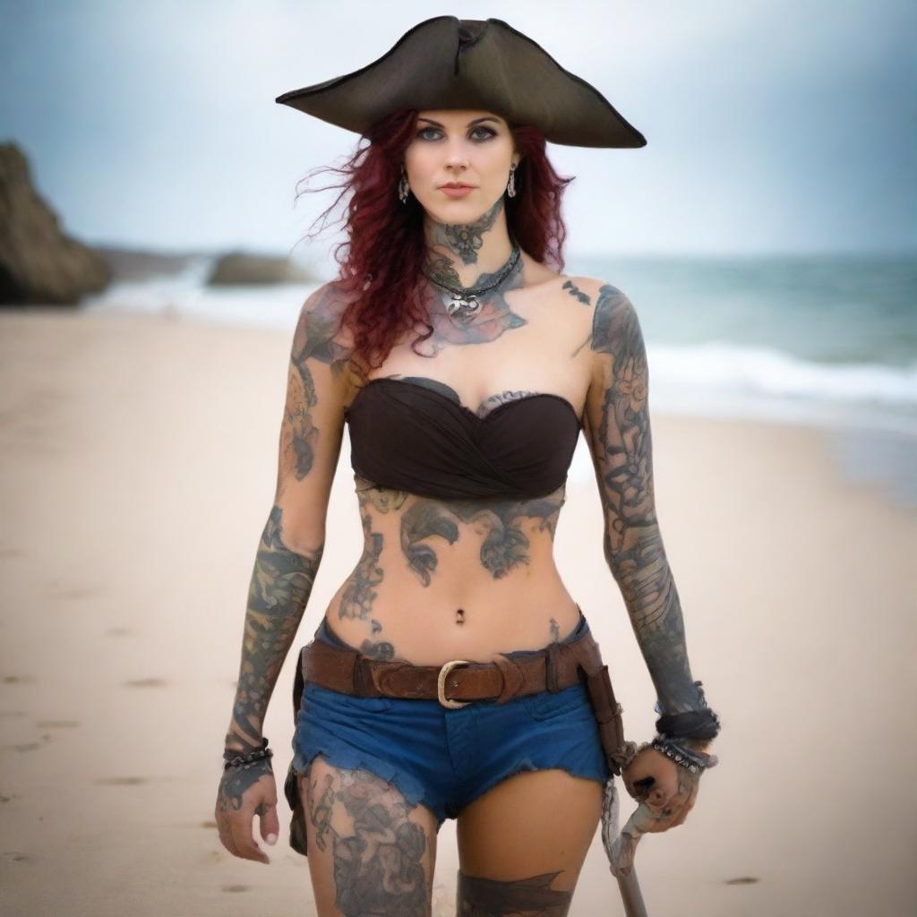 A confident young German woman dressed as a pirate, wearing a stylish tricorn hat, a fitted pirate outfit with blue shorts, a corset, and visible tattoos on her arms