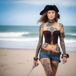 A confident young German woman dressed as a pirate, wearing a stylish tricorn hat, a fitted pirate outfit with blue shorts, a corset, and visible tattoos on her arms