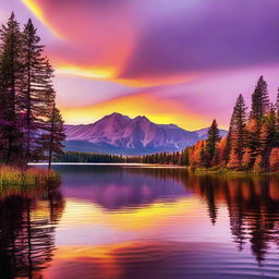 A beautiful sunset over a serene landscape, with vibrant colors of orange, pink, and purple blending in the sky