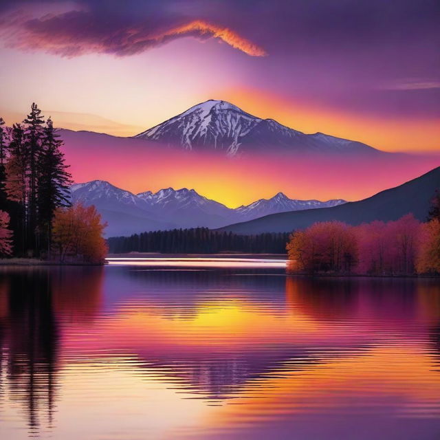 A beautiful sunset over a serene landscape, with vibrant colors of orange, pink, and purple blending in the sky