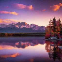 A beautiful sunset over a serene landscape, with vibrant colors of orange, pink, and purple blending in the sky