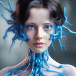 A 25-year-old brunette with blue eyes, depicted as a living virus