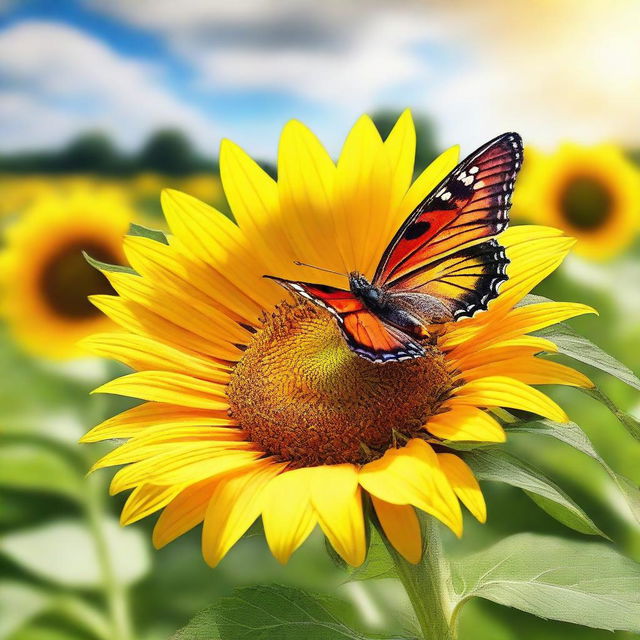 A beautiful butterfly fluttering around a vibrant sunflower in a sunny field